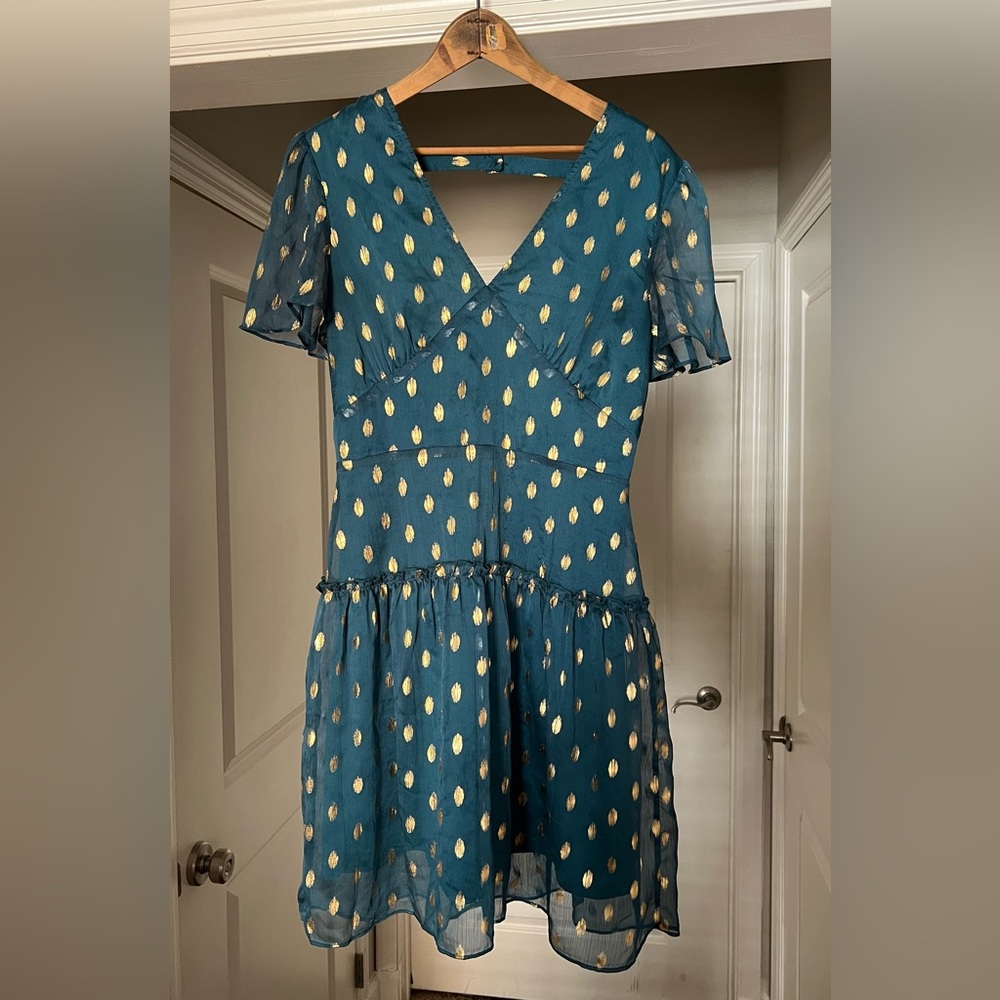Francesca’s Teal and Gold Cocktail Mini Dress Size Small
